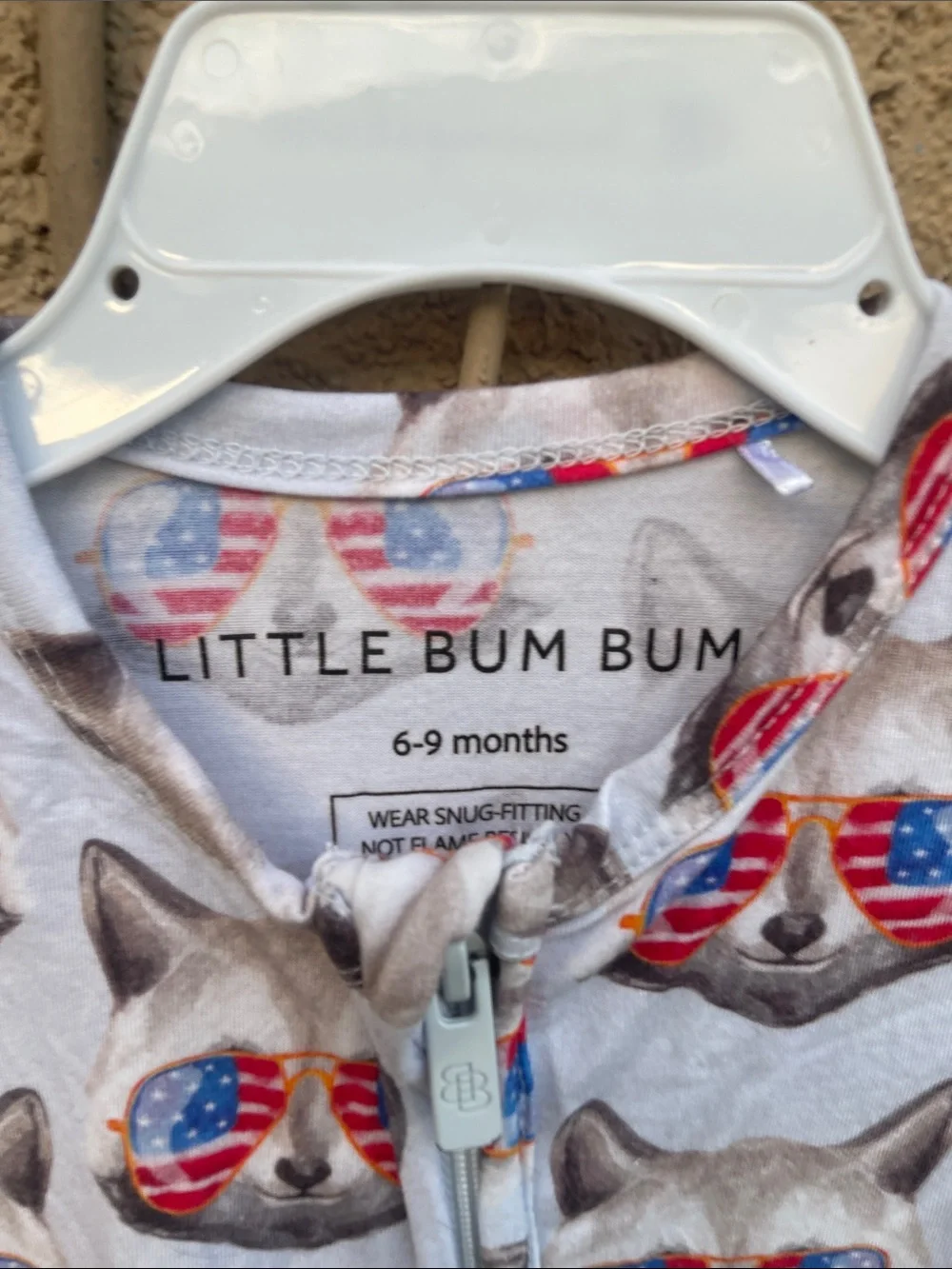 Little Bum Bums Cream Kids One-Piece with American Flag Cat Print Sz 6/9M
